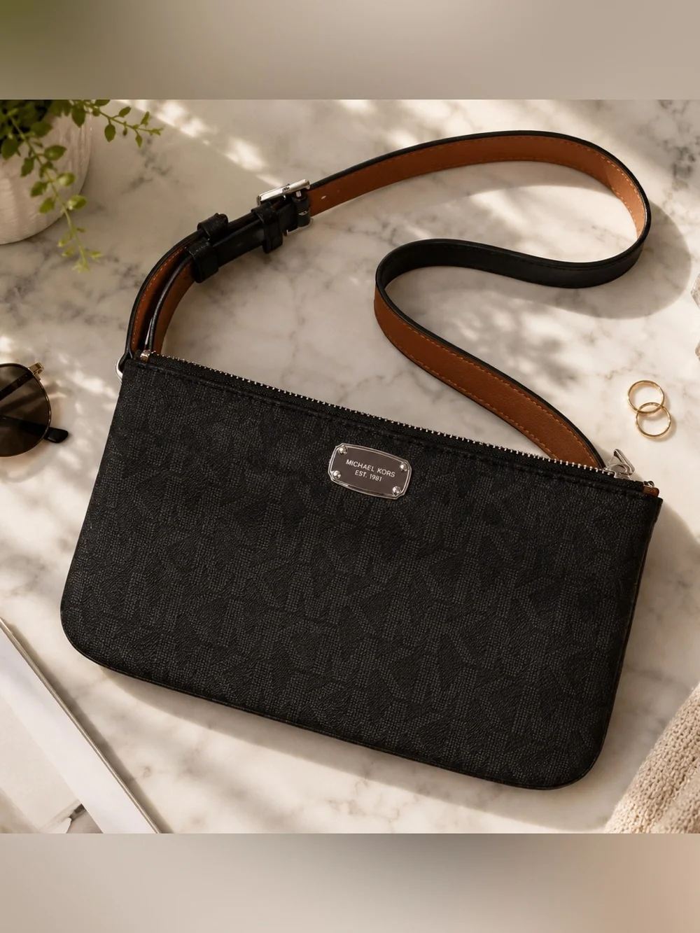 Michael Kors‎ Logo Belt Bag Black Gray Brown Waist Fanny Pack Purse Sz Medium